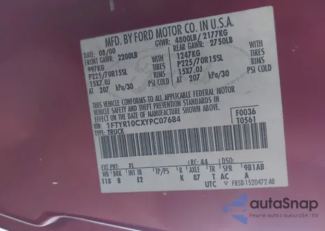 2000 Ford Ranger из США, поврежденный, VIN 1FTYR10CXYPC07684